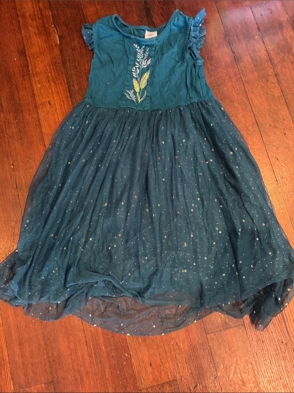 Hanna Andersson Teal Floral Embroidered Tulle Dress